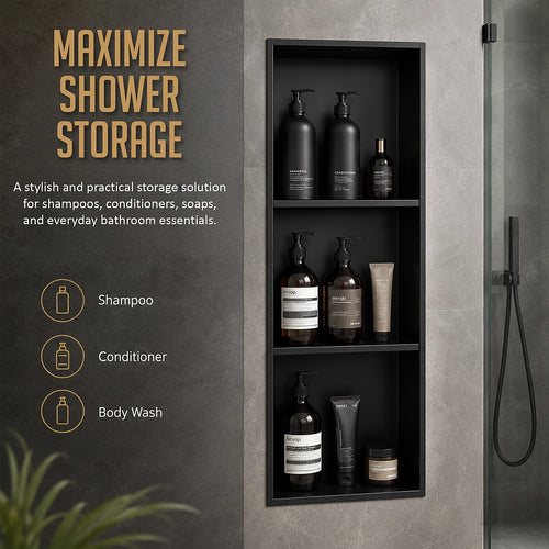 90cm Black Recessed Shower Niche 3-Tier Stainless Steel Bathroom Wall Storage Shelf