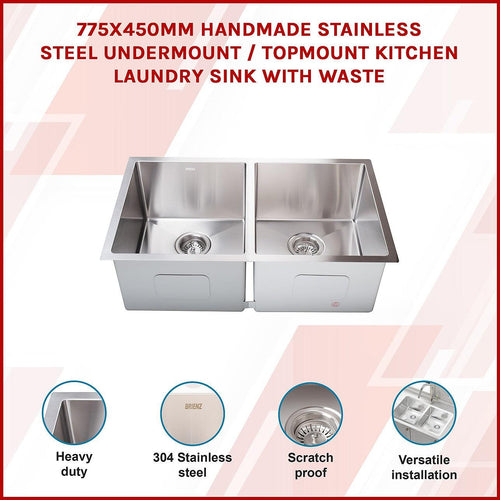 775x450mm Stainless Steel Handmade 1.5mm Sink with Waste in Stainless Steel with brushed finish Finish