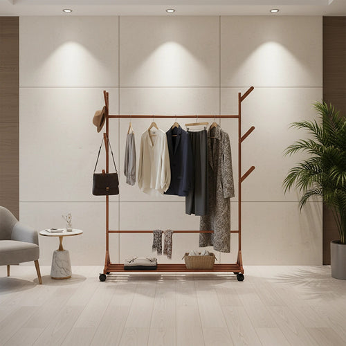 Portable Clothes Rack Coat & Garment Stand – Bamboo Rail Hanger Closet Airer in Dark Wood