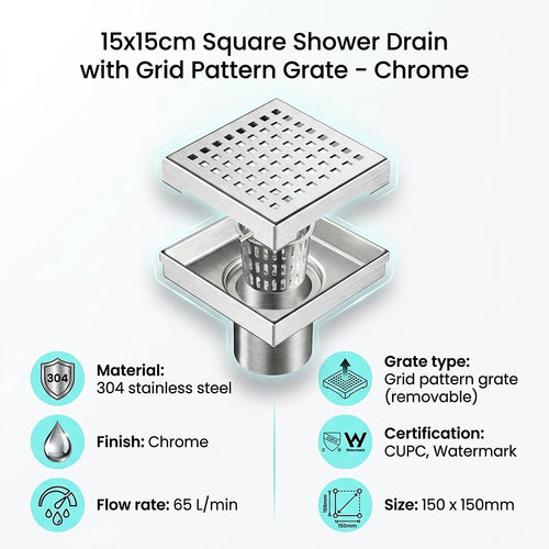 15 x 15cm Square Shower Drain with Grid Pattern Grate – Chrome Stainless Steel