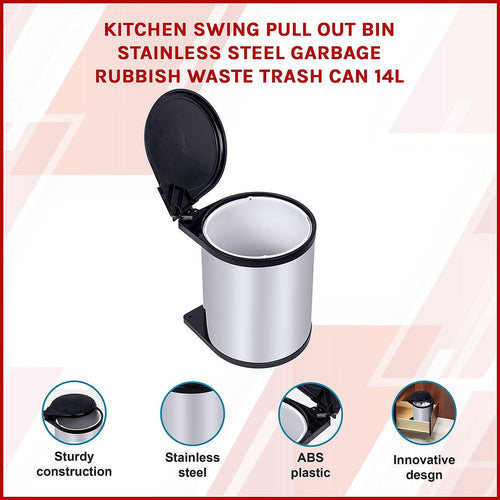 Kitchen Swing Pull Out Bin Stainless Steel Garbage Rubbish Waste Trash Can 14L