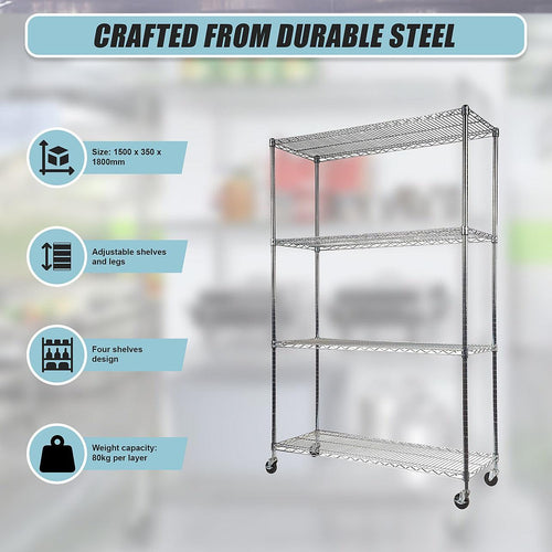 Modular Wire Storage Shelf 1500 x 350 x 1800mm Steel Shelving - Carbon Chrome Plated with Wheels
