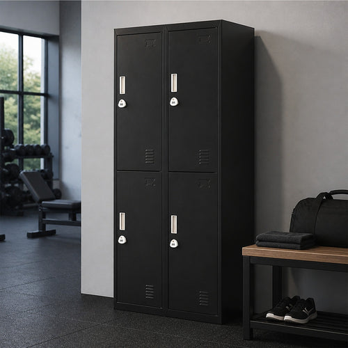 4-Door Metal Locker – 2x2 Layout, Black, 3-Digit Combination Lock