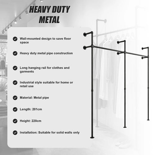 Industrial Pipe Clothes Rack Wall Mounted 201cm Heavy Duty Black
