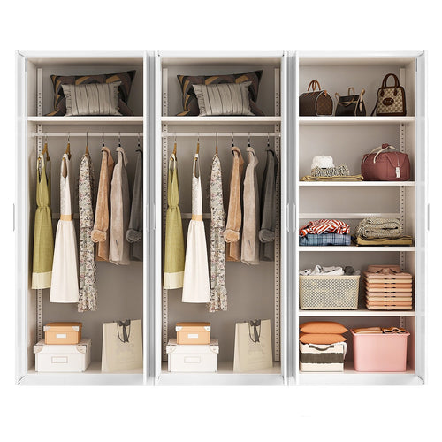 240x200cm 6-Door White Steel 2 Hanging and 1 Shelf Wardrobe with White Handle Storage Cabinet