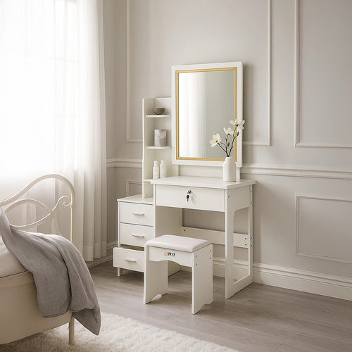 Makeup Vanity Table with LED Lighted Mirror & Stool – Bedroom Dressing Table with Storage Drawers