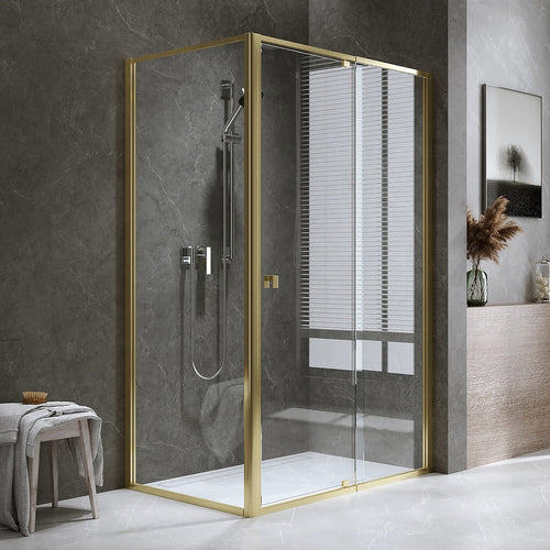 Adjustable Semi Frameless Shower Screen Front: (114~122)x195cm with Gold Hardware and Side: (77~80)x195cm