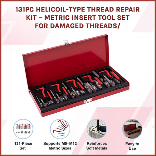 131pc Helicoil-Type Thread Repair Kit – Metric Insert Tool Set for Fixing Damaged Threads