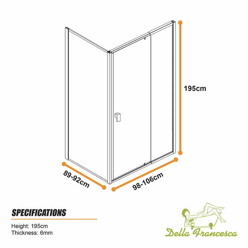 Semi-Frameless Shower Screen – Dust Brown, Front: (98~106)x195cm, Side: (89~92)x195cm