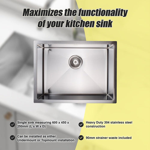 600x450mm Stainless Steel Handmade 1.5mm Sink with Waste in Stainless Steel with brushed finish Finish