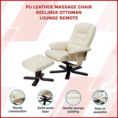 PU Leather Massage Chair Recliner Ottoman Lounge Remote - Cream
