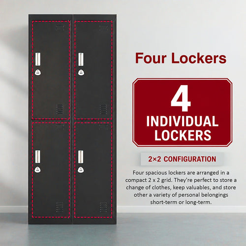 4-Door Metal Locker – 2x2 Layout, Black, 3-Digit Combination Lock
