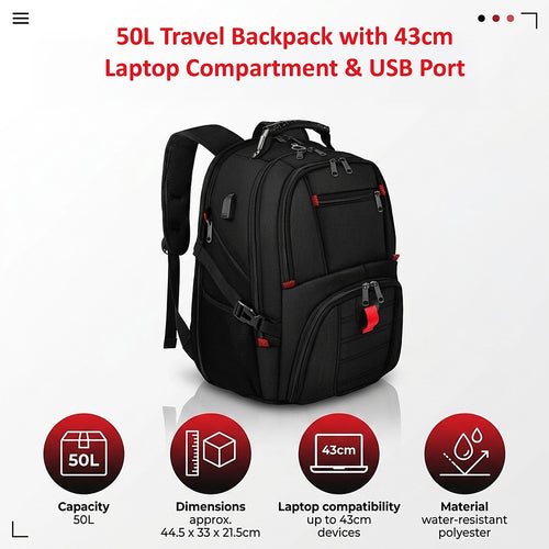 50L Travel Backpack with 43 cm Laptop Compartment & USB Port