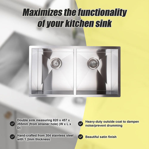 820x457mm Handmade Stainless Steel Sink with Waste and Drain Plug - Undermount/Topmount
