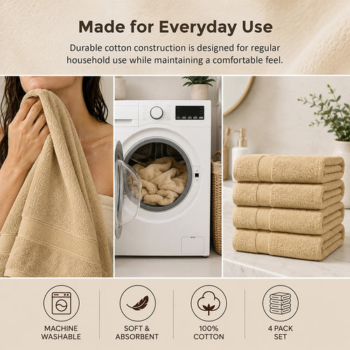 500 GSM Cotton Bath Towels 4 Pack Beige