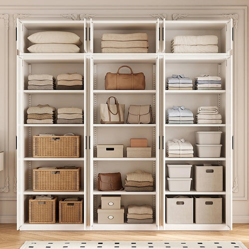 240x240cm 6-Door White Steel Shelf Wardrobe with Black Handle Storage Cabinet