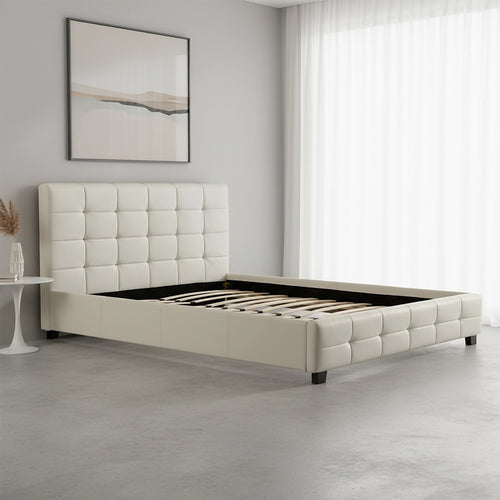 Queen Deluxe White PU Leather Upholstered Bed Frame with Headboard & Slats