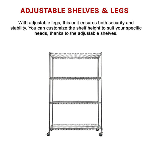 Modular Wire Storage Shelf 900 x 450 x 1800mm Steel Shelving - Carbon Chrome Plated with Wheels