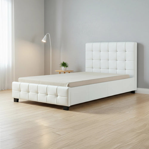 King Single Deluxe White PU Leather Upholstered Bed Frame with Headboard & Slats