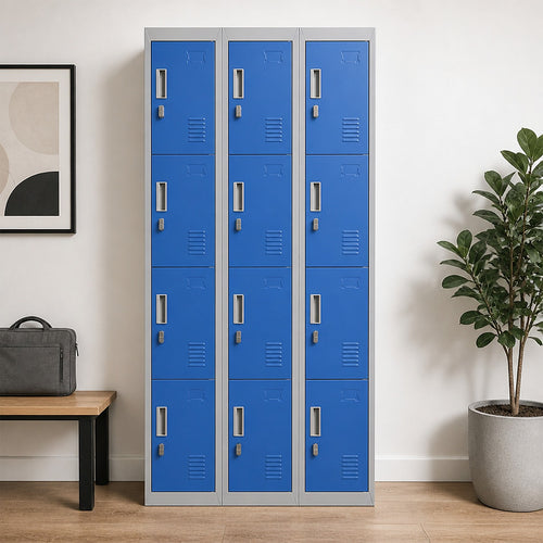 12-Door Steel Locker – Grey with Blue Door, Padlock-operated