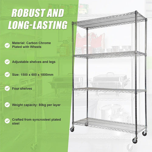 Modular Wire Storage Shelf 1500 x 600 x 1800mm Steel Shelving - Carbon Chrome Plated with Wheels