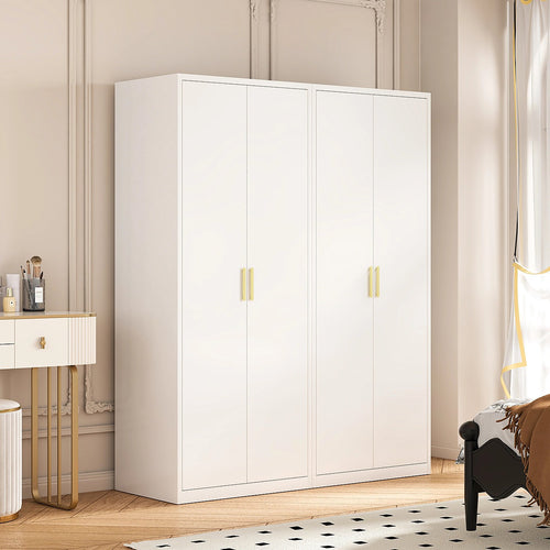 160x200cm 4-Door White Steel Hanging and Shelf Wardrobe with Gold Handle Storage Cabinet