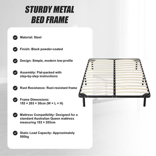 Metal Bed Frame for Queen Mattress – Black Powder-Coated Steel Base