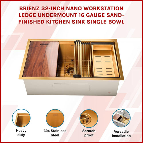 BRIENZ 32-inch Nano Workstation Ledge Undermount 16 Gauge Stainless Steel Kitchen Sink Single Bowl in Gold with sand-finish