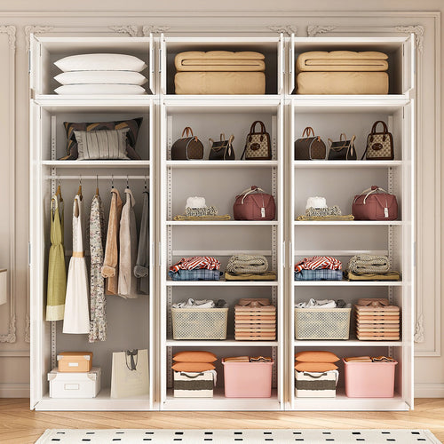 240x240cm 6-Door White Steel 1 Hanging and 2 Shelf Wardrobe with White Handle Storage Cabinet