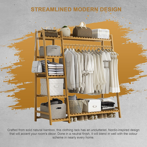 Portable Clothes Rack Coat Garment Stand Bamboo Rail