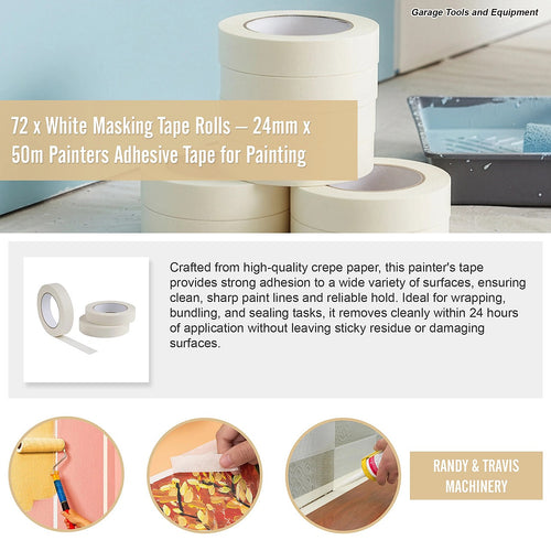 72 x White Masking Tape Rolls – 24mm x 50m Painters Adhesive Tape for Clean Paint Lines
