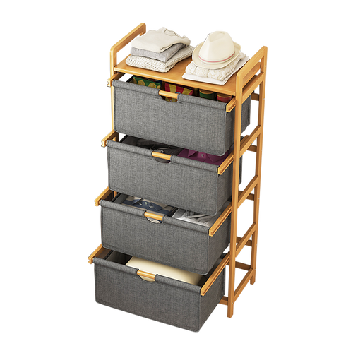 Bamboo Shelf with Storage Hamper – Wooden Organiser Rack with 4 Removable Laundry Bags