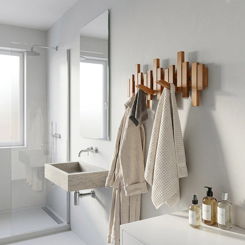 Wood Wall Mounted Coat Rack with 6 Flip Down Hooks 44cm Foldable Bamboo Wall Hook Rack