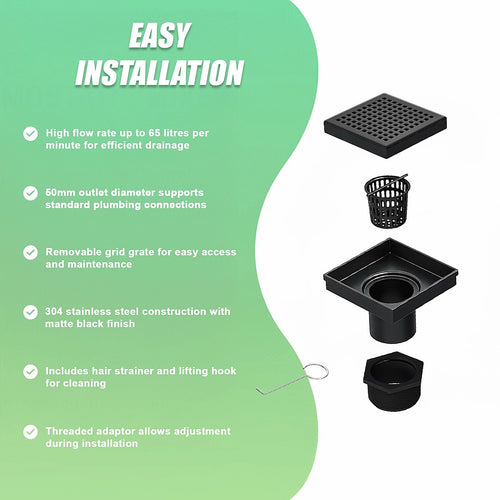 10 x 10cm Square Shower Drain with Grid Pattern Grate – Matte Black Stainless Steel