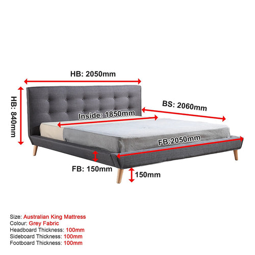 King Linen Fabric Bed with Button Tufted Headboard - Grey