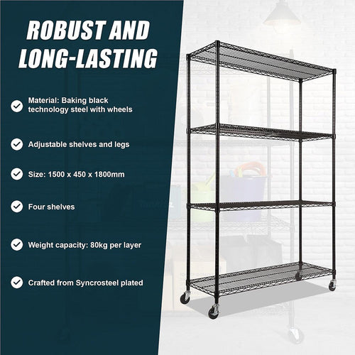 Modular Wire Storage Shelf 1500 x 450 x 1920mm Steel Shelving - Baking Black Technology with Wheels