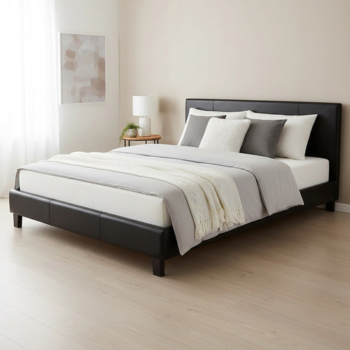 Queen Size Bed Frame with Headboard – Black PU Leather