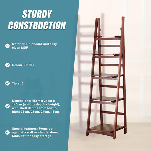 5 Tier Wooden Ladder Shelf Stand Storage Book Display Rack - Coffee