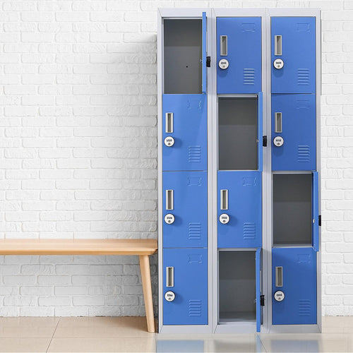 Grey with Blue Door 12-Door Locker for Office Gym Shed School Home Storage - 4-Digit Combination Lock