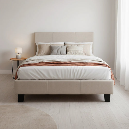 King Single Size Bed Frame with Headboard – Beige Linen Fabric