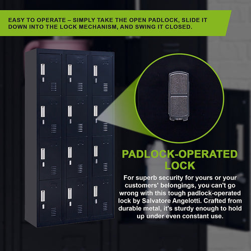 12-Door Locker – Black with Padlock-operated | Secure Storage for Office, Gym or School Use