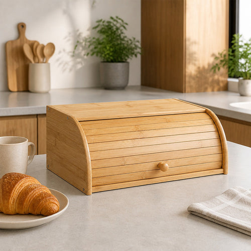 Bamboo Bread Box with Rolltop Lid for Kitchen Storage