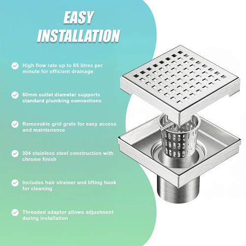 15 x 15cm Square Shower Drain with Grid Pattern Grate – Chrome Stainless Steel