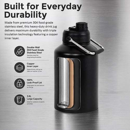 3.8L Double Wall Insulated Stainless Steel Water Bottle – Large Hot & Cold Drinks Jug for All-Day Hydration