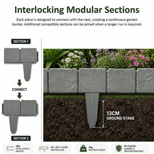 Garden Edging Border 10m 40 Pack Stone-Look PP Plastic Stakes