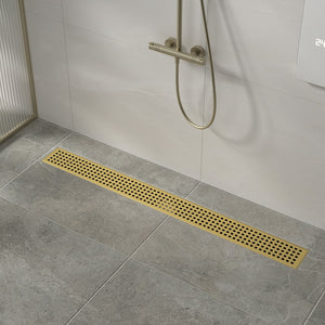 120cm Bathroom Shower Brushed Brass Grate Drain w/ Centre outlet Floor Waste