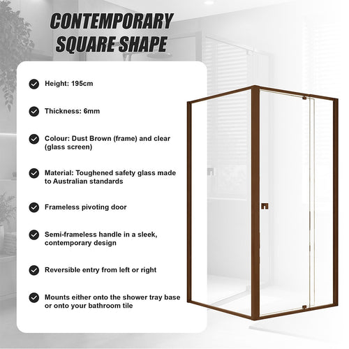 Semi-Frameless Shower Screen – Dust Brown, Front: (98~106)x195cm, Side: (98~101)x195cm