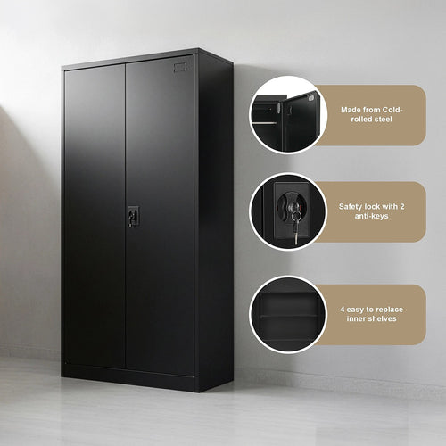 Double-Door Metal Cabinet with 4 Shelves – Office, Garage, or Home Storage in Black without Legs