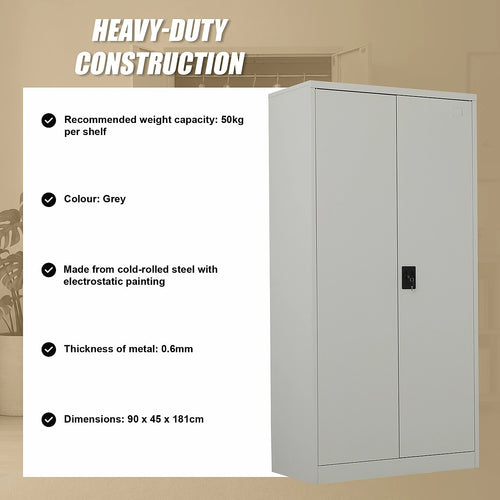 Double-Door Metal Cabinet with 4 Shelves – Office, Garage, or Home Storage in Grey without Legs
