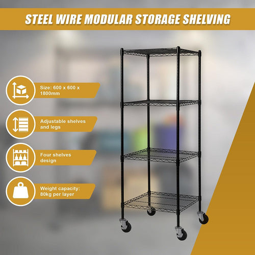 Modular Wire Storage Shelf 600 x 600 x 1800mm Steel Shelving - Baking Black Technology with Wheels